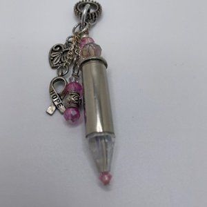 Pink, White, Silver Hope Statement Pendant made with Recycled Bullet Casing
